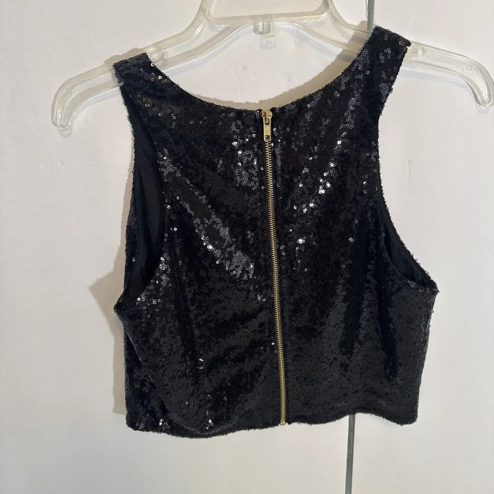 Venus Black Sequin Cropped Tank Top Zipper Back Party Formal NWOT Womens Size 8 - Picture 3 of 7